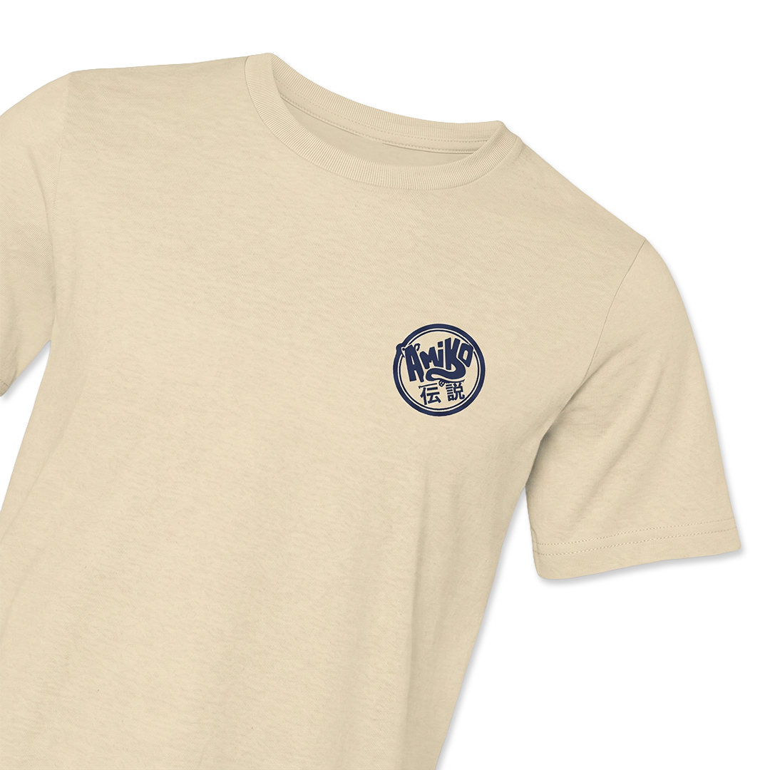 A light beige heather t-shirt featuring a Amiko Legends Logo on navy blue. 