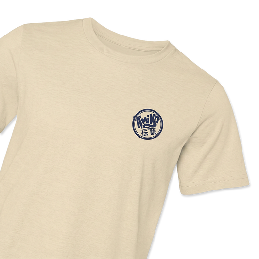 A light beige heather t-shirt featuring a Amiko Legends Logo on navy blue. 