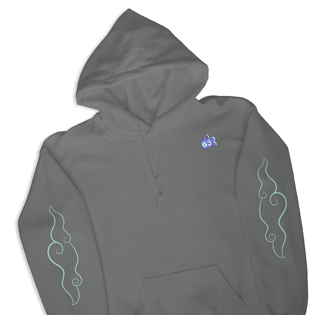 A dark gray pullover hoodie with a small purple and Icons frorm the Amiko Legends, light mint green flame-like line art printed on both sleeves, shown against a plain white background.