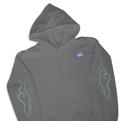 A dark gray pullover hoodie with a small purple and Icons frorm the Amiko Legends, light mint green flame-like line art printed on both sleeves, shown against a plain white background.