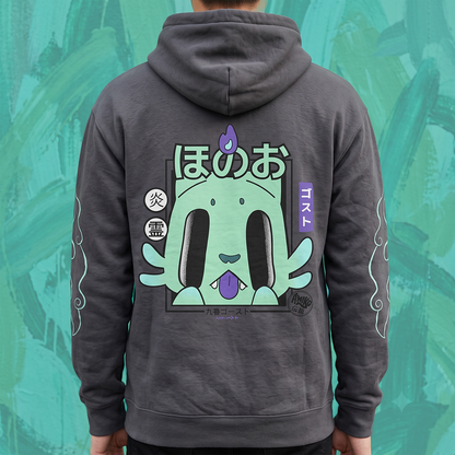 A person shown from the back wearing a dark gray hoodie with a large Amiko legends character graphic and Japanese text on the back, set against a textured teal background.