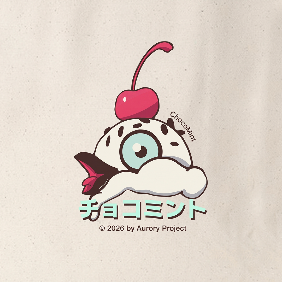 A close-up of a light beige fabric featuring a printed cartoon graphic of a Amiko Legends character with a pink cherry on top, teal Japanese text, and small text reading 'ChocoMint' and '© 2026 by Aurory Project'.